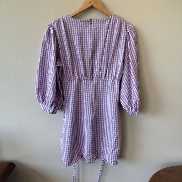 Zara Lilac Purple White Gingham Check Puff Sleeve Ruched Hem Mini Dress - Picture 5 of 6